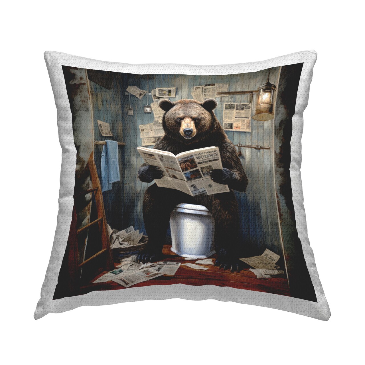 Bear Reading on Toilet Design by Lazar Studio Outdoor Printed Pillow